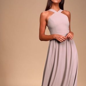 Dusty mauve colored floor length dress